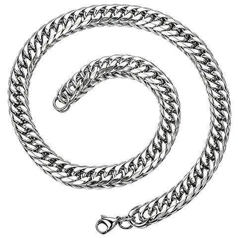 Stainless Steel Men's Cuban Link Chain Necklace Bracelet Hip Hop Punk Flat Curb Link Chain Silver Tone Jewelry Gift
