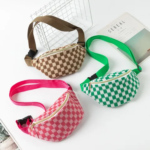 Gebreide Heuptas Met Schaakbordpatroon Verstelbare Riem Casual Borsttas Voor Dames Sport Reizen Draagbaar