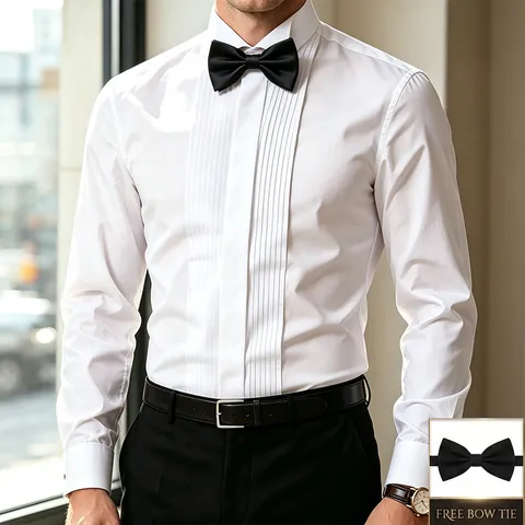 Men's Formal Tuxedo Shirt Slim Fit Pleated Front Long Sleeve Dress Shirt With Bow Tie For Wedding Banquet Groom Professional Business Shirt