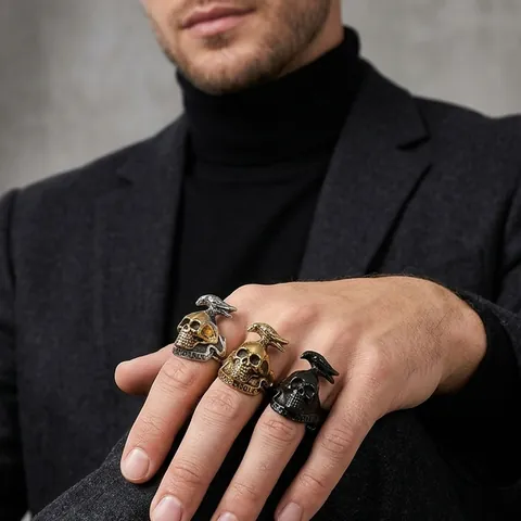 Stainless Steel Gothic Skull Crow Ring For Men Punk Biker Jewelry Retro Biker Skeleton Band Ring Gold Silver Black