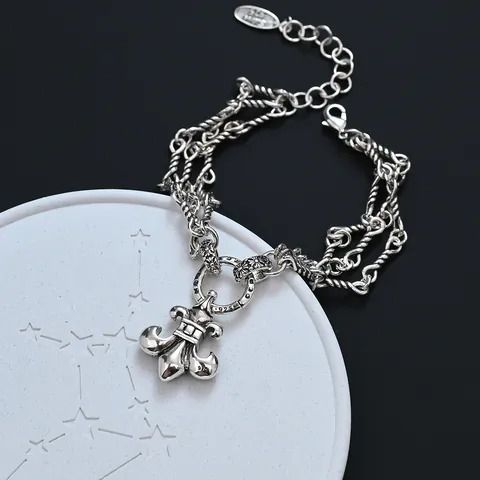 Vintage Silver Plated Copper Bracelet For Women Gothic Fleur-De-Lis Cross Pendant Multi-Layer Rope Chain Zircon Jewelry