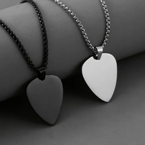 Stainless Steel Guitar Pick Pendant Necklace Polished Rock Style Box Chain Jewelry Gift For Men Women Silver Black