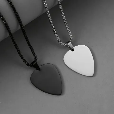 Stainless Steel Guitar Pick Pendant Necklace Polished Rock Style Box Chain Jewelry Gift For Men Women Silver Black
