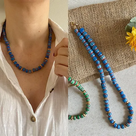 Handgemaakte Boheemse Glazen Kralenketting Voor Dames 18K Verguld Titanium Staal Etnische Zomer Strand Vakantie Sieraden