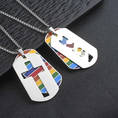 Stainless Steel Double Dog Tag Pendant Necklace For Men Women Rainbow Pride LGBTQ Jewelry Hollow Love Cross Letter Charm