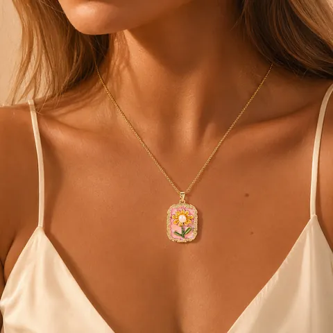 Collier Pendentif Vintage en Acier Inoxydable Émail Papillon Tournesol Floral pour Femme Plaqué Or Perle Zirconia Bijoux