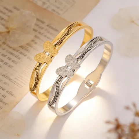 Vintage Stainless Steel Butterfly Bangle For Women Meander Pattern Hollow Greek Key Bracelet With Zirconia Luxury Jewelry