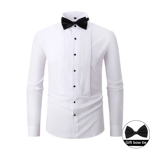 Ανδρικό Επίσημο Πουκάμισο Tuxedo Λευκό Κολάρο Φτερό Πλισέ Μπροστά Μακρύ Μανίκι Γάμος Πουκάμισο Με Παπιγιόν Μαύρα Κουμπιά