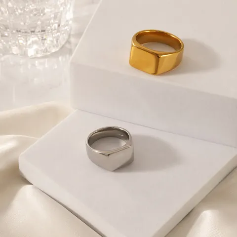 Minimalist Stainless Steel Square Signet Ring For Men Women Polished Brushed Finish Retro Punk Style Gold Silver Color Ring Jewelry