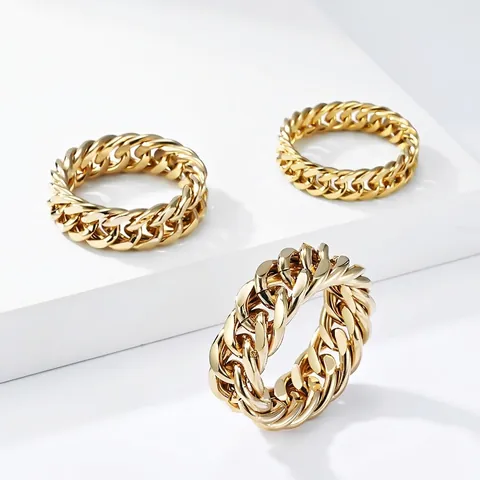 Minimalist Titanium Steel Cuban Link Chain Ring For Men Women Mirror Polished Woven Band Ring Unisex Trendy Jewelry Gift