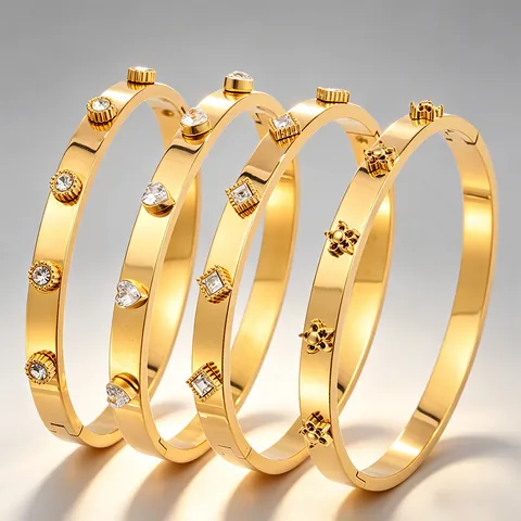 Luxurious Titanium Steel Gold Bangle For Women With Square Heart Rhinestone Inlaid Fashion Individual Jewelry Bracelet Gift