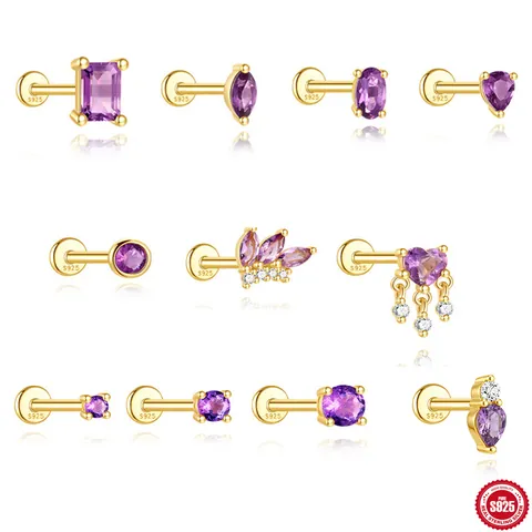 925 Sterling Silver Natural Amethyst Internal Thread Piercing Stud Earring Gold Plated Marquise Heart Zirconia Ear Cartilage Jewelry For Women
