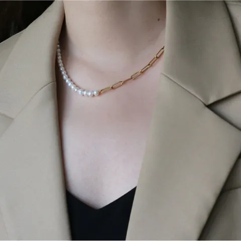 Ensemble Collier Bracelet en Acier Inoxydable Plaqué Or 18K avec Chaîne Trombone et Perles d'Eau Douce Bijoux Femme