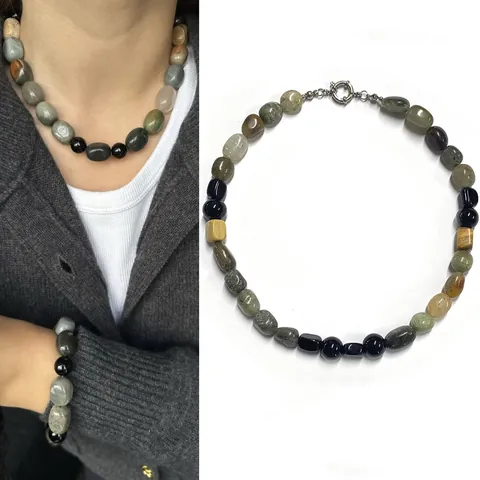 Vintage Oil Painting Style Natural Mixed Stone Necklace And Bracelet Stainless Steel Irregular Bead Jewelry For Women