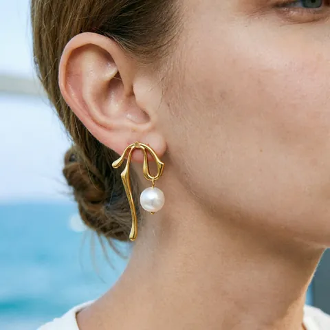 Orecchini Pendenti Vintage Francese in Acciaio Inossidabile con Fiocco Cuore e Perla Artificial Donna Metallo Liquido Placcati Oro