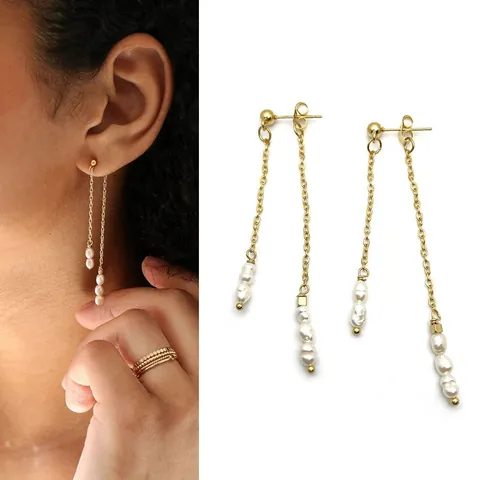 Vintage 18K Gold Plated Stainless Steel Long Tassel Dangle Earrings For Women Elegant Natural Freshwater Pearl Jewelry