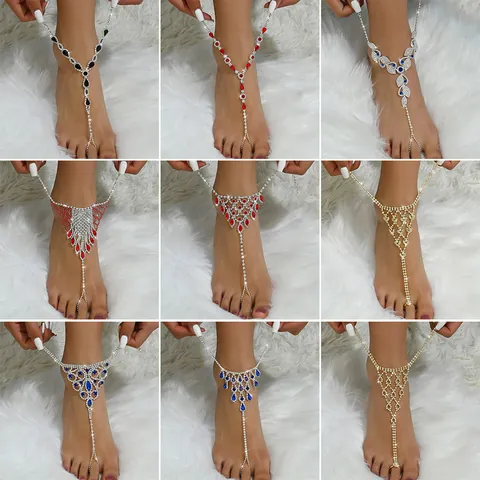 European Flower Rhinestone Barefoot Sandals Copper Inlaid Crystal Slave Anklet With Toe Ring For Beach Wedding Women Foot Jewelry