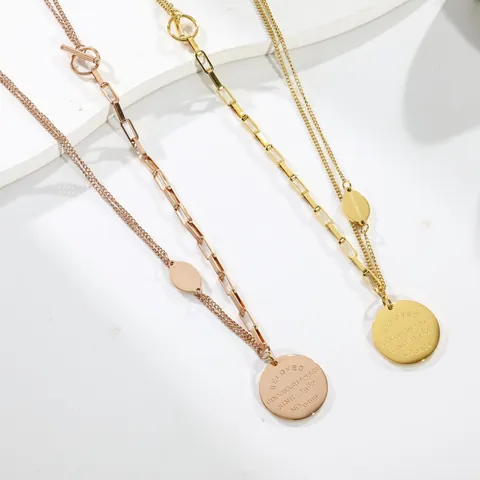 Vintage Titanium Steel Necklace For Women Double Layer OT Toggle Clasp Round Pendant Rose Gold Plated Fashion Jewelry
