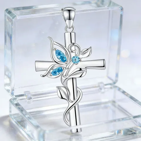 Silver Alloy Butterfly Cross Pendant Necklace And Earrings Jewelry Set With Blue Rhinestones For Women Party Birthday Gift