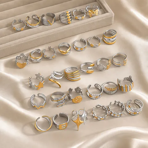 Adjustable Two-Tone Stainless Steel Open Rings For Women Minimalist Geometric Heart Star Butterfly Flower Fashion Jewelry