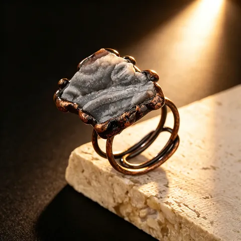 Bague Rétro Fait Main En Agate Druzy Naturelle Pierre Brute Bronze Irrégulière Anneau Ouvert Réglable Femmes