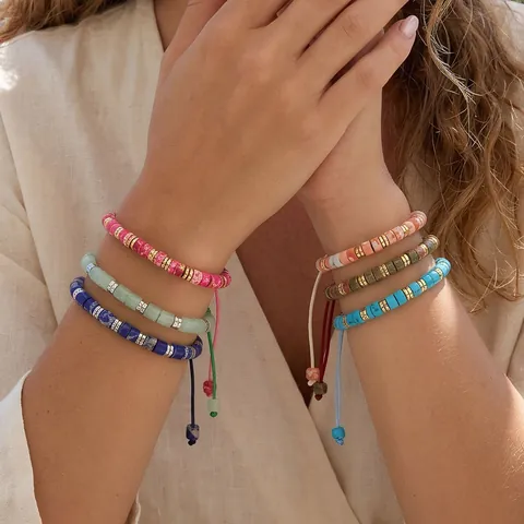 Handmade Bohemian Semi Precious Stone Barrel Bead Woven Bracelet For Women Adjustable Lapis Lazuli Goldstone Gemstone Bracelet Jewelry
