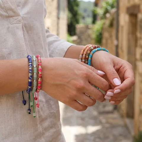 Handmade Bohemian Semi Precious Stone Barrel Bead Woven Bracelet For Women Adjustable Lapis Lazuli Goldstone Gemstone Bracelet Jewelry
