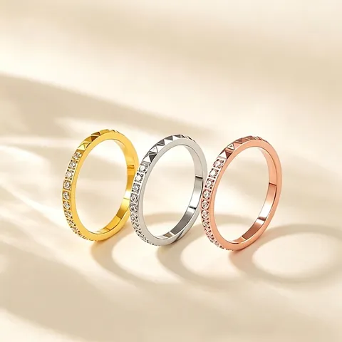 Minimalist Stainless Steel Studded Rhinestone Ring For Women Gold Silver Rose Gold Plated Geometric Clou De Paris Finger Ring Jewelry