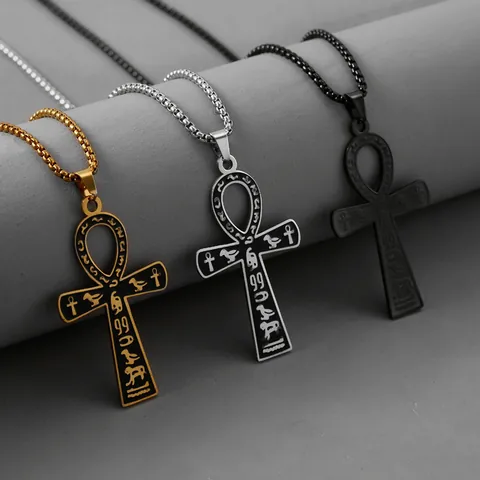 Vintage Edelstahl Ankh Kreuz Anhänger Halskette Ägyptische Hieroglyphen Hip Hop Titan Stahl Kette Für Damen Herren
