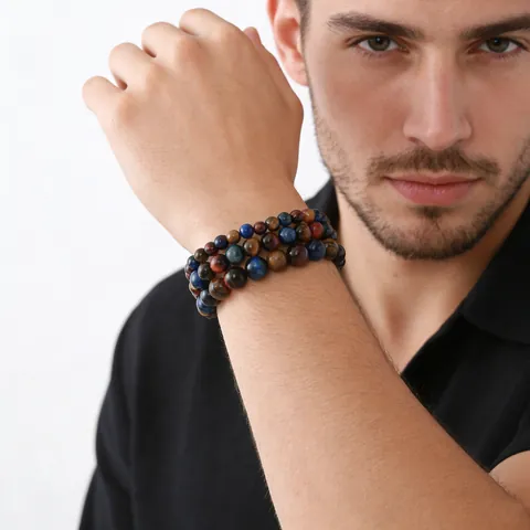 Handmade Natural Tiger Eye Stone Beads Bracelet Yellow Blue Red Multicolor Elastic Stretch Gemstone Round Beads Bracelet For Men Women