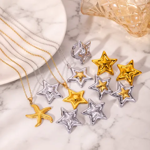 Juego de Joyas de Estrella de Mar de Acero Inoxidable Bicolor Oro Plata Collar con Colgante Pendientes de Botón Anillo Abierto Mujer