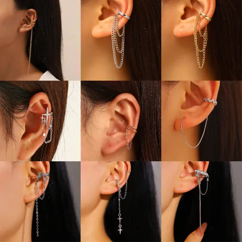 Minimalist Long Tassel Chain Ear Bone Clip For Women Copper Geometric Elf Ear Cuff No Piercing Gold Silver Fashion Jewelry