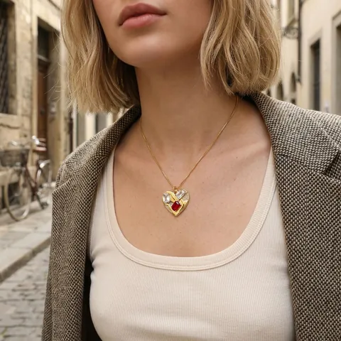 Copper Gold Plated Heart Pendant Necklace With Colorful Zirconia Inlaid Exotic Punk Style Clavicle Chain Women Jewelry