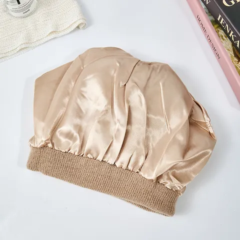 Knit Beanie Hat Satin Lined Hair Care Warm Winter Cuffed Solid Color Ribbed Skull Cap For Women Men