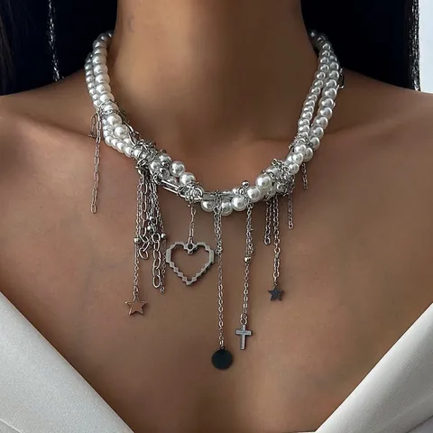 Vintage Layered Imitation Artificial Pearl Tassel Necklace For Women Heart Star Moon Cross Pendant Metal Chain Punk Choker Jewelry