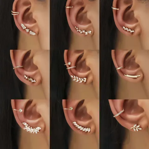Fashion Alloy Zirconia Flower Leaf Ear Cuffs For Women Elegant Geometric Sparkly Rhinestone Crawler Earrings Jewelry Gift