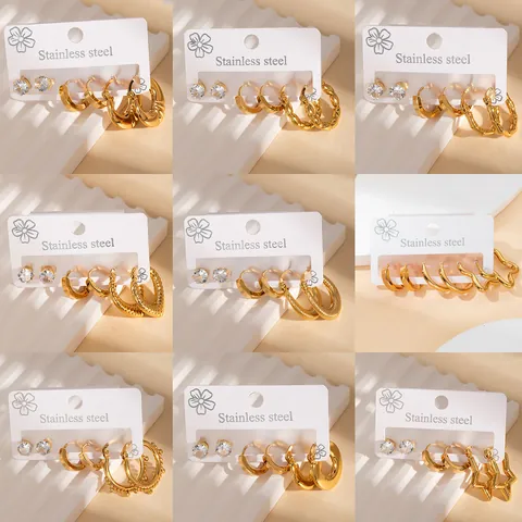 Stainless Steel Gold Plated Hoop Stud Earring Set For Women Zirconia Star Bamboo Geometric Earrings Set Jewelry Gift
