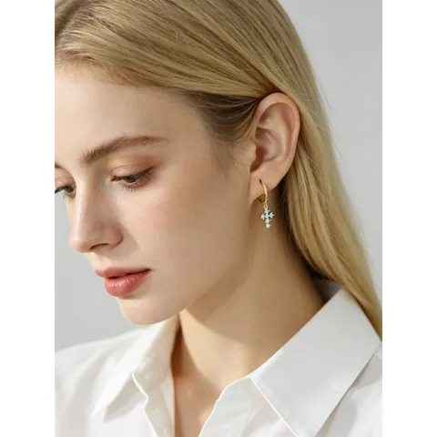 925 Sterling Silver Cross Hoop Earrings With Colorful Zirconia Inlaid Gold Platinum Plated French Style Dangle Jewelry For Women
