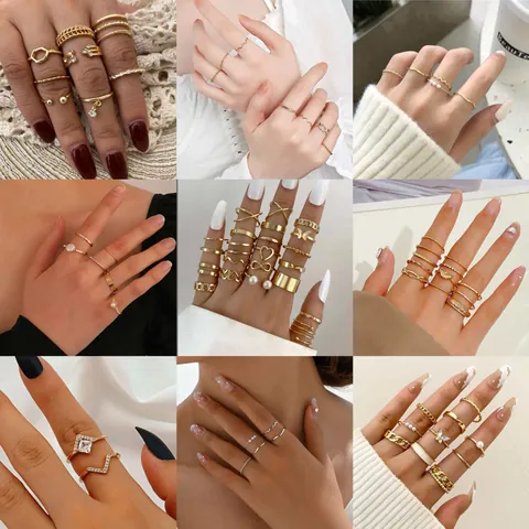 Vintage Zinc Alloy Rhinestone Ring Set For Women Retro Bohemian Heart Butterfly Artificial Pearl Open Joint Ring Jewelry
