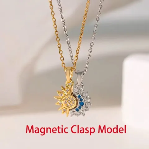Sun And Moon Necklace And Stacking Ring Copper Rhinestone Magnetic Retro Adjustable Jewelry For Women