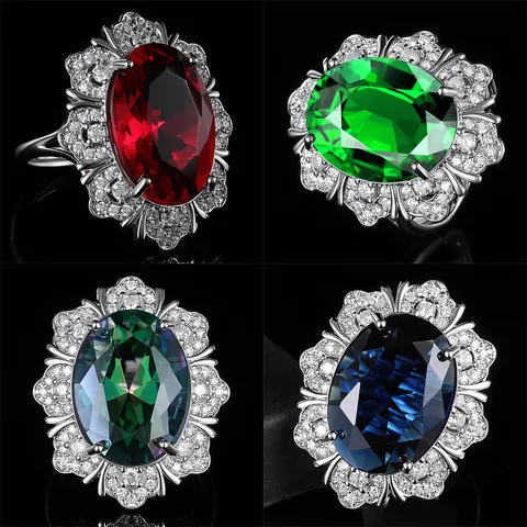 Exaggerated Luxury Vintage Oval Gemstone Flower Cluster Ring For Women Platinum Plated Copper Adjustable Open Ring Jewelry