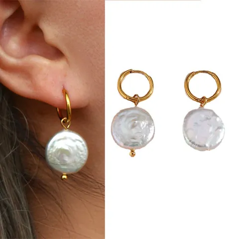 Titaniumstaal 18K Vergulde Hoepel Oorbellen Met Natuurlijke Zoetwater Barok Kunstparel Hanger Voor Vrouwen Vintage Sieraden