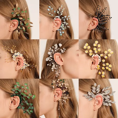 Handmade Mori Style Flower Butterfly Ear Cuff Earrings Gold Silver Rhinestone Artificial Pearl Fairy Ear Wrap For Wedding Party Women Jewelry