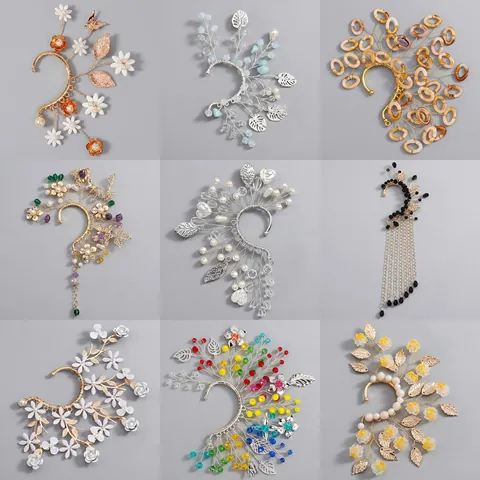 Handmade Mori Style Flower Butterfly Ear Cuff Earrings Gold Silver Rhinestone Artificial Pearl Fairy Ear Wrap For Wedding Party Women Jewelry