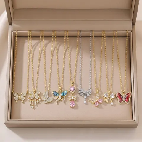 Elegant Stainless Steel Butterfly Bowknot Pendant Necklace For Women Korean Style Light Luxury Zirconia Inlaid Jewelry