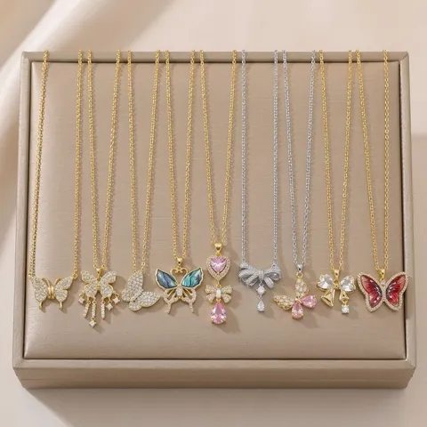 Elegant Stainless Steel Butterfly Bowknot Pendant Necklace For Women Korean Style Light Luxury Zirconia Inlaid Jewelry