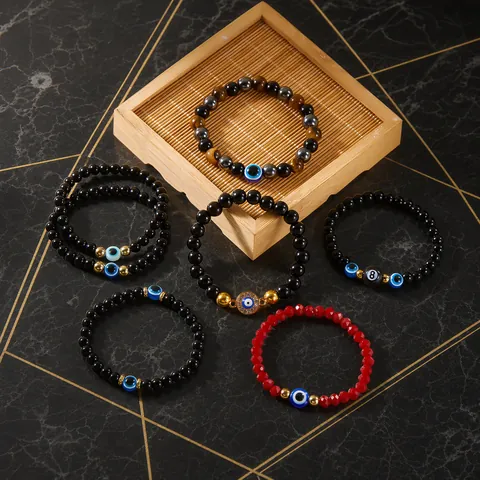 Bohemian Alloy Evil Eye Beaded Bracelet For Women Men Tiger Eye Hematite Elastic Strand Rhinestone Hamsa Charm Jewelry