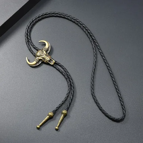 Vintage Western Cowboy Bolo Tie Retro Bull Head Alloy Pendant PU Leather Braided Rope Necktie Men Women Shirt Accessories