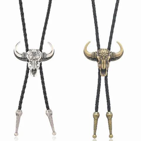 Vintage Western Cowboy Bolo Tie Retro Bull Head Alloy Pendant PU Leather Braided Rope Necktie Men Women Shirt Accessories