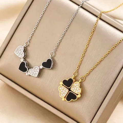 Titanium Steel Four Leaf Clover Heart Pendant Necklace For Women Foldable Magnetic Plating Stainless Steel Zirconia Jewelry